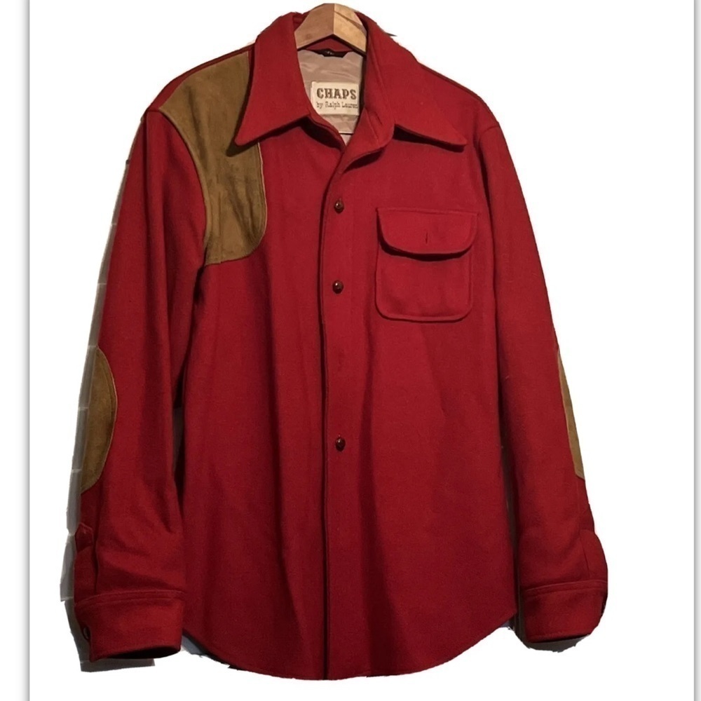 Vtg Chaps Ralph Lauren Men Red Sz 44L Wool Blend Suede Elbow Patch Button Shirt